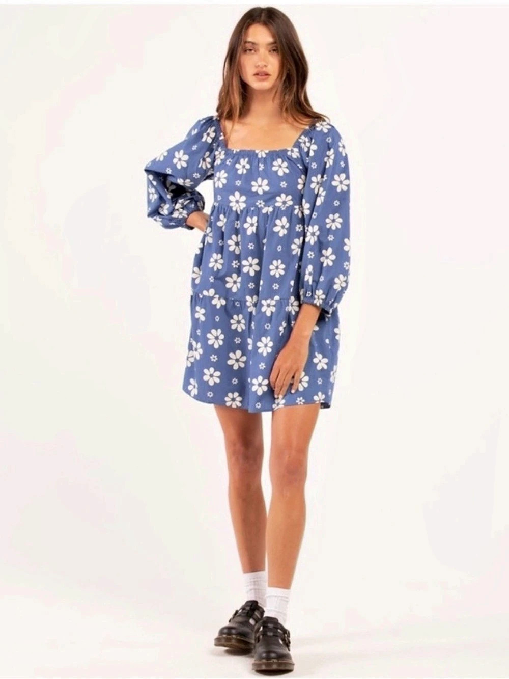 Billabong Love Crush Blue Daisy Floral Puff Sleeve Mini Dress Blue & Cream XS